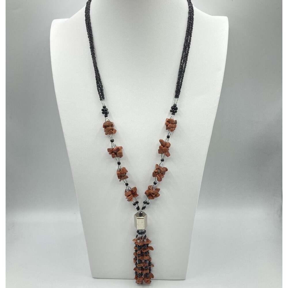 Vintage Teng Yue Goldstone Chip Double Strand Bead Tassel Necklace Boho 28" Long